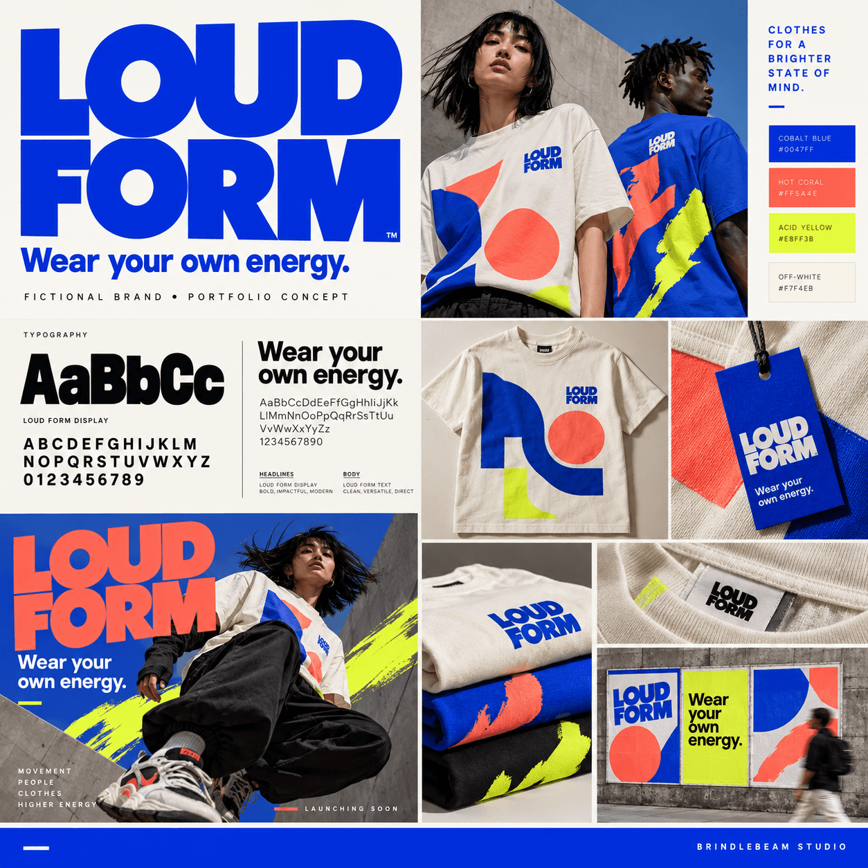 Loud Form colorful apparel branding concept board with graphic clothing, typography, and bright color blocks