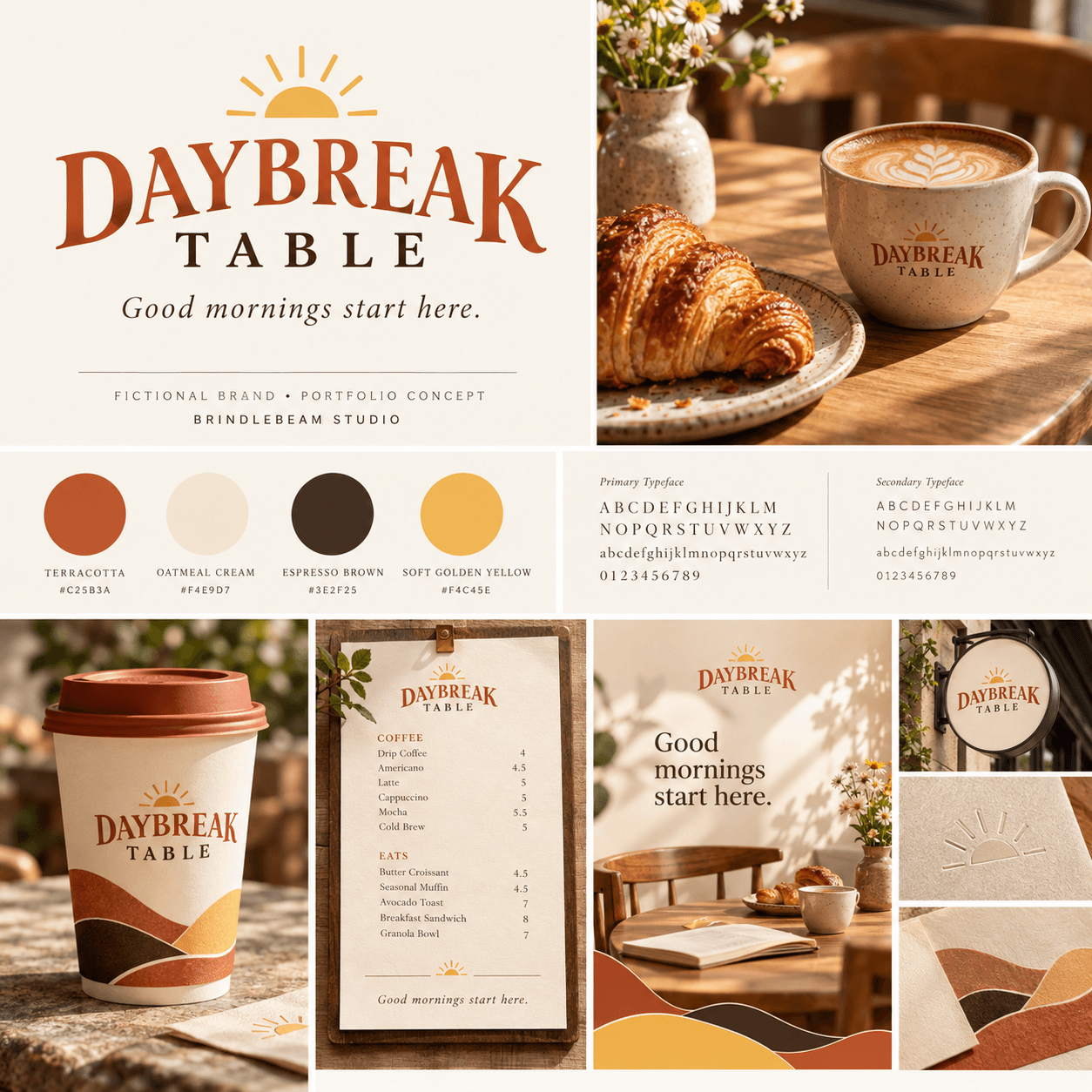 Daybreak Table food branding concept board with café packaging, menu design, typography, and warm colors
