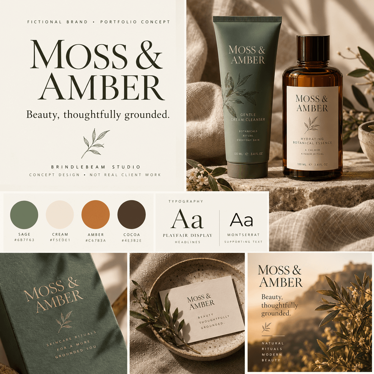 Moss & Amber botanical branding concept board with skincare packaging, typography, and earthy color swatches